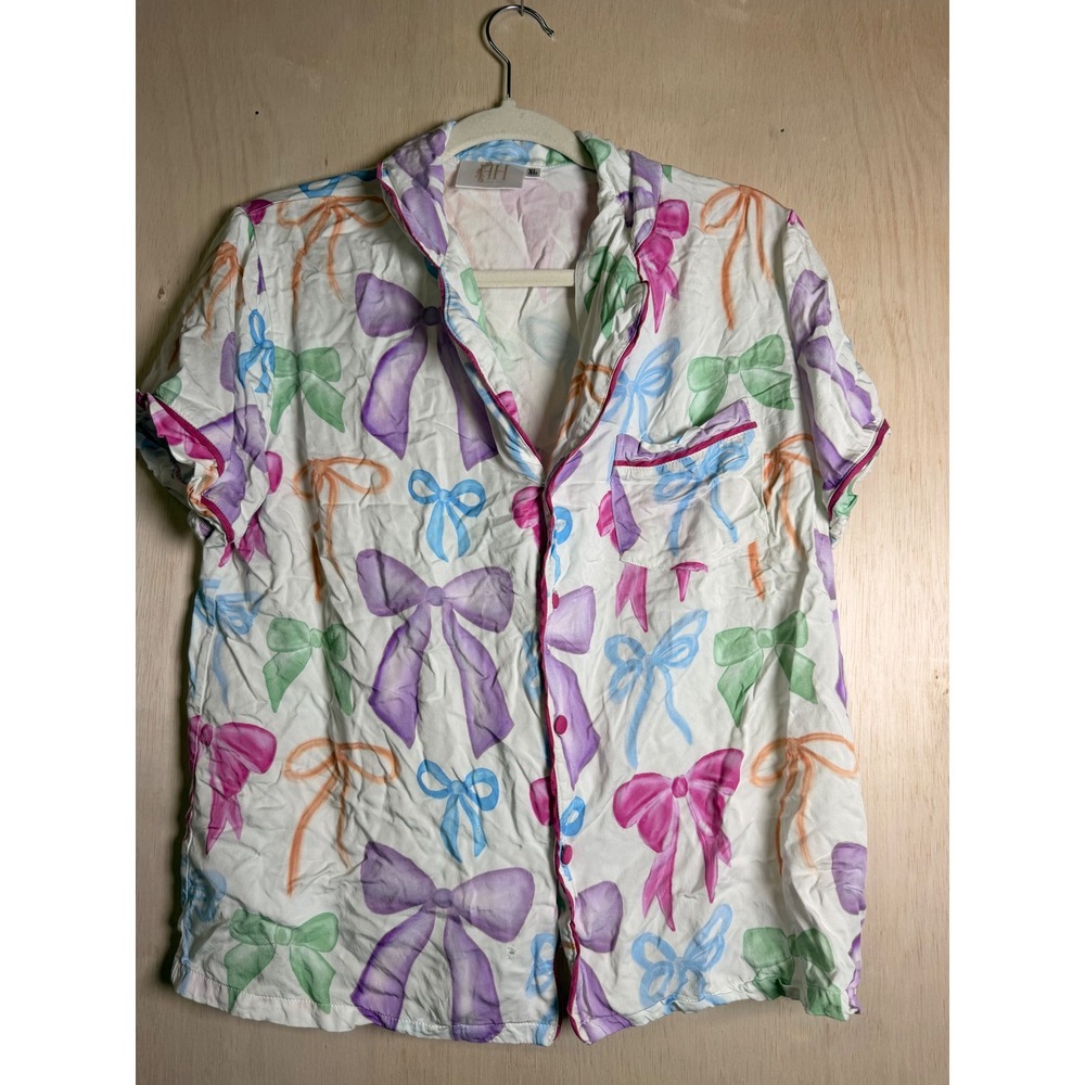 Hamner Hill Pajama Top Womens XL White Multicolor Excellent Watercolor Bow Print
